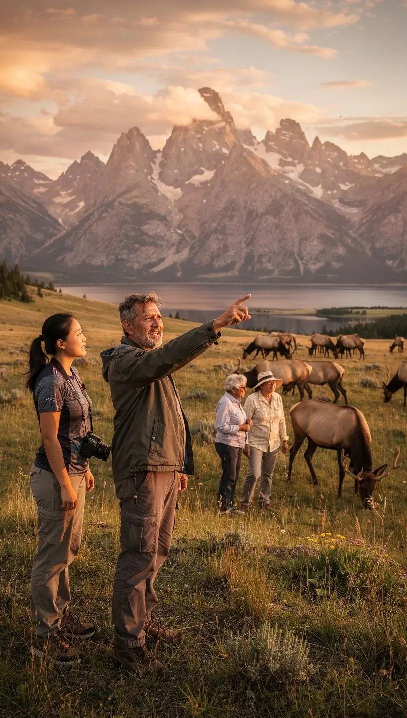 Widok na majestatyczne góry z zachodem słońca w tle.