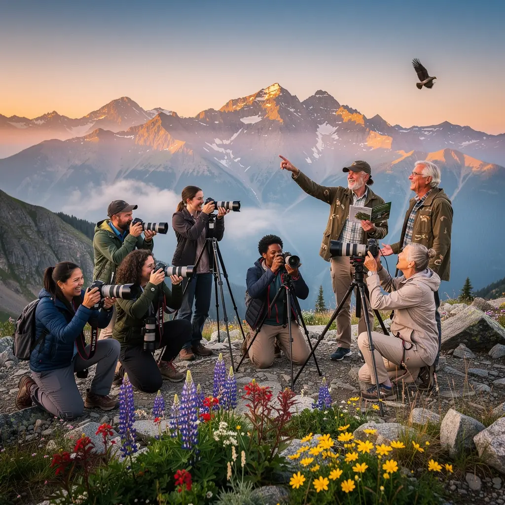 Grupa turystów z przewodnikiem podczas obserwacji ptaków w naturalnym środowisku.